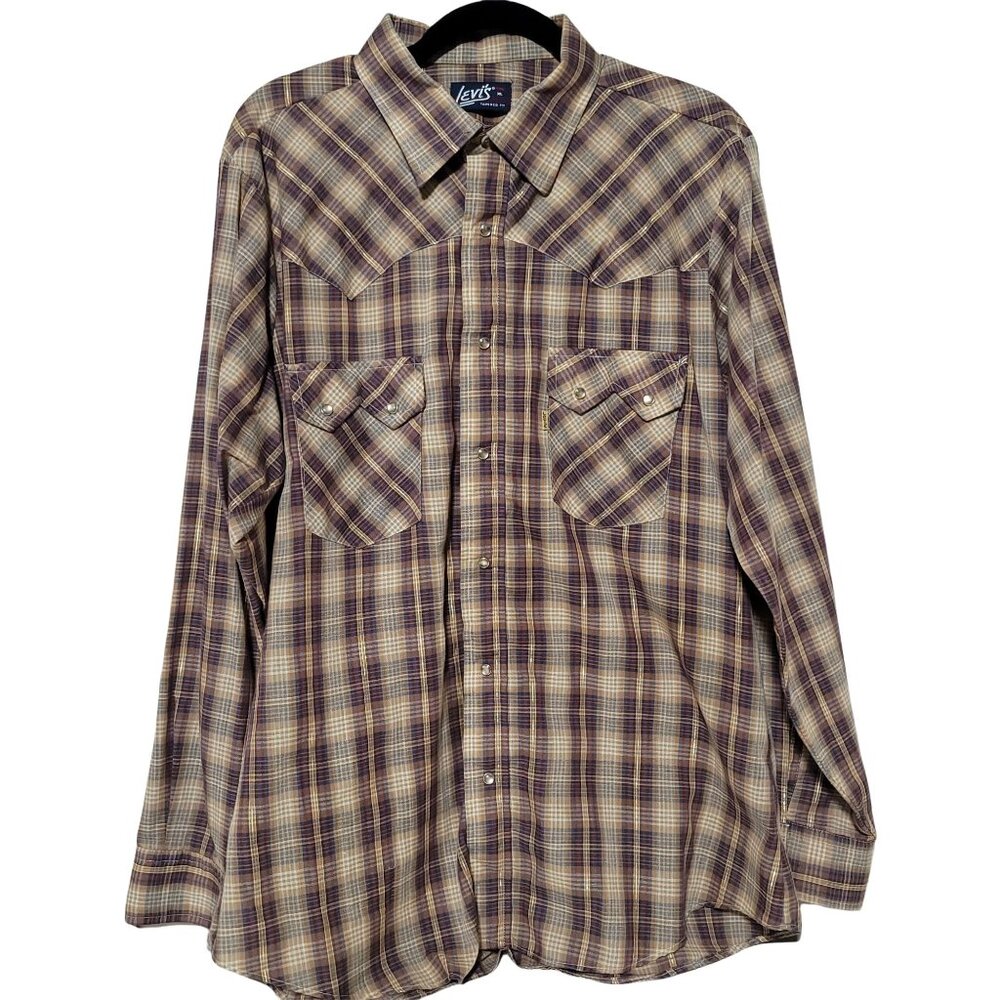 Vintage Shirt Pearl Snap Mens Plaid 70's Levis Long Sleeve Shirt XL Tapered Fit
